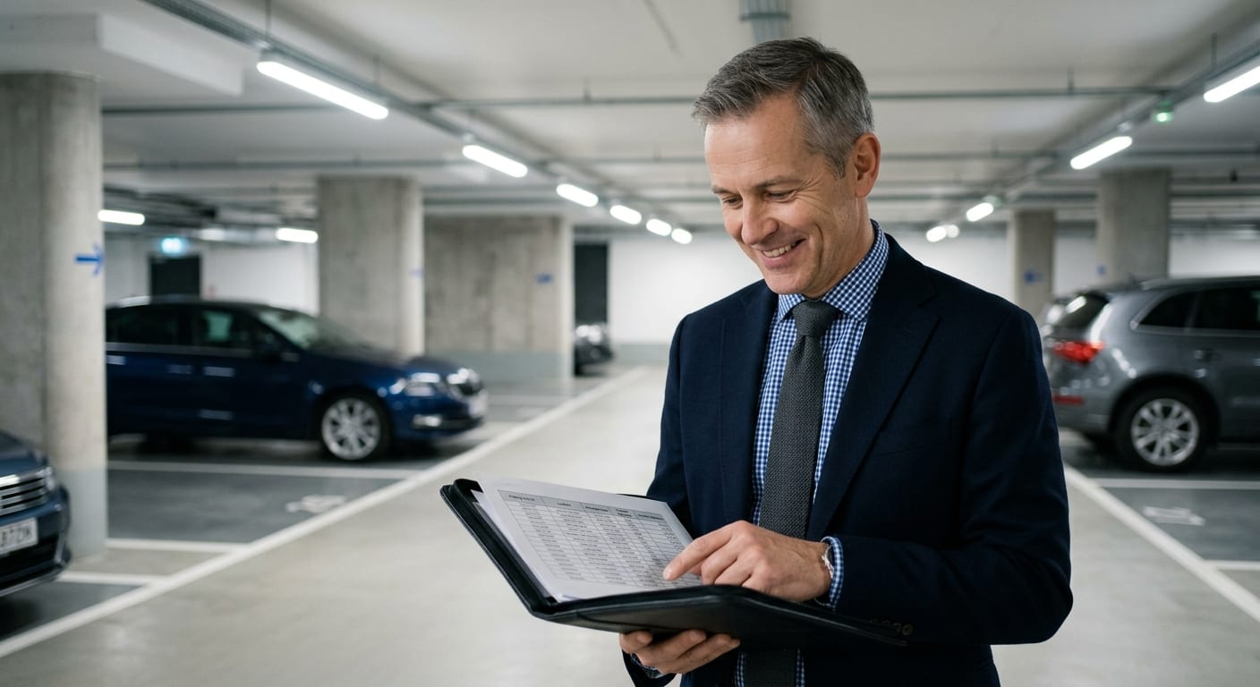 Investisseur examinant avec satisfaction son portefeuille de places de stationnement commercial